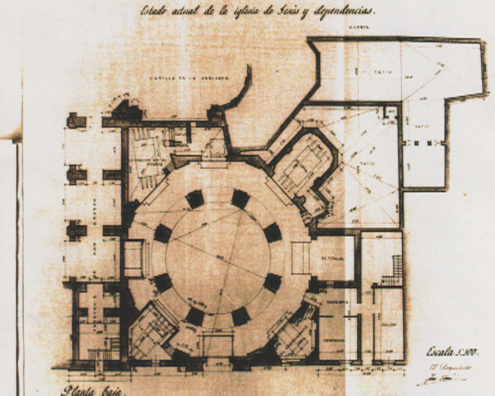 Plano de la Iglesia de Jesús antes de la construcción del Museo Salzillo, según plano del arquitecto José Tamés (1950)